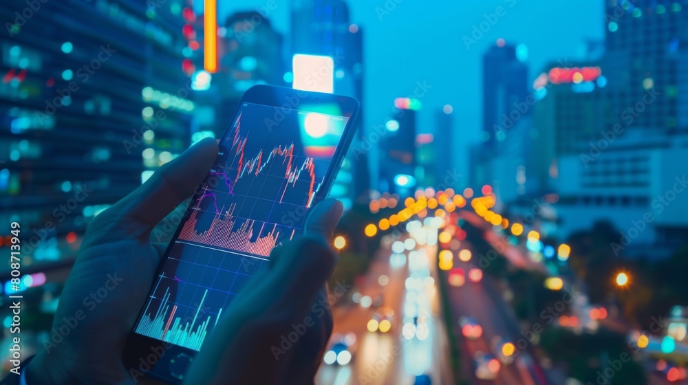 Aufkleber businessman use smartphone in hand trading online stock exchange market charts graph board data inve