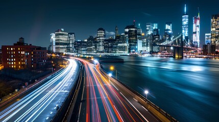 Obraz premium New York City, USA downtown skyline at dusk with light trails, Generative AI illustrations.