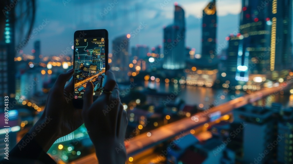 Aufkleber businessman use smartphone in hand trading online stock exchange market charts graph board data inve