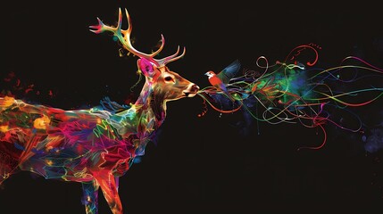Obraz premium Colorful reindeer with colorful smoke isolated on black background, Generative AI illustrations.
