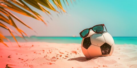 Beach landscape with soccer ball and sunglasses on the sand. Sporty summer concept.