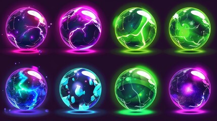 A set of magic game balls isolated on a white background. Modern illustration of energy crystals in neon purple, green, blue colors with liquid, gas, abstract texture, and mystique fortunetelling