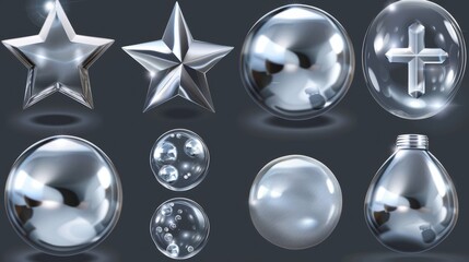 Chrome elements set isolated on transparent background. Modern realistic illustration of liquid metal star, flower, cross, round icons, glossy bubbles, mercury spill.