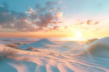 AI generated illustration of a sunset at a sandy beach with dunes and tranquil atmosphere