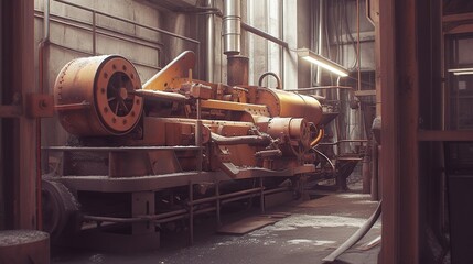 Illustration of abandoned rusty factory with copy space. Industrial indoor background.