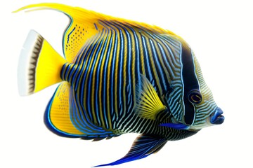 Close-up of a vibrant tropical fish with blue stripes and yellow fins isolated on white