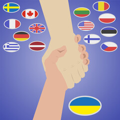Symbol of aid by countries. Help Ukraine against the war. Hand helping with different flags.
