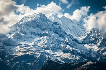 Obraz premium Snow-capped peaks of the Swiss Alps, Panoramic view of snow-capped mountain, Ai generated