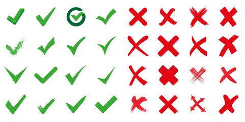 Set of flat confirmation and cancellation marks. The signs are green and red.