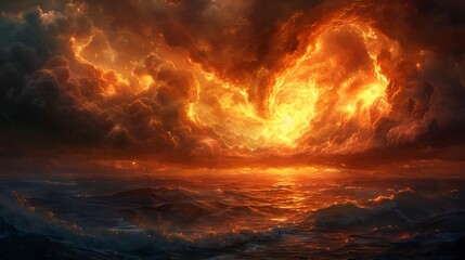 A dramatic scene depicting the horizon set ablaze with amber streaks against a dark stormy sky, creating a symbolic representation of hope and destruction intertwined.