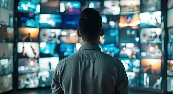 Individual viewing multiple multimedia images on various TV screens. Concept Multimedia Display, TV Screens, Viewing Experience