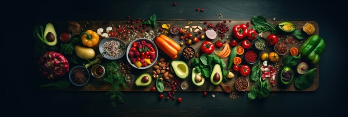 Food background. Vegetables, fruits and nuts on table.
