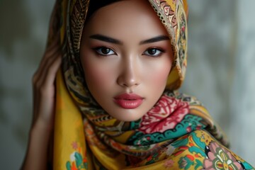 Radiant Beautiful Malay female model. Fashion woman with hijab posing. Generate ai