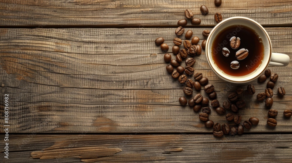 Poster coffee cup and beans on old wood background selective focus. Top view with copy space for your text