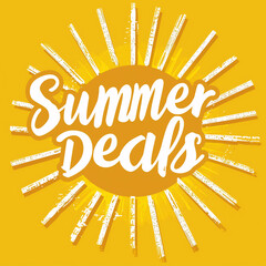 The words "Summer Deals" in white on yellow, with a sun icon in the background, as clip art. Summer Deals sign, tag for promotion, publicity. Design element for a store, sales.