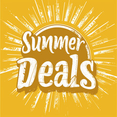 The words "Summer Deals" in white on yellow, with a sun icon in the background, as clip art. Summer Deals sign, tag for promotion, publicity. Design element for a store, sales.