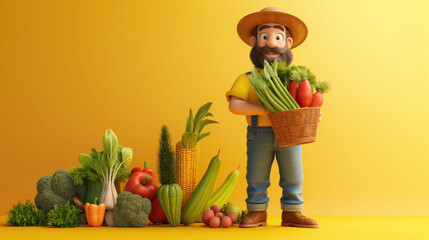 3d bearded farmer in overalls and hat holding a basket full of garden vegetables on isolated yellow background with space for copy