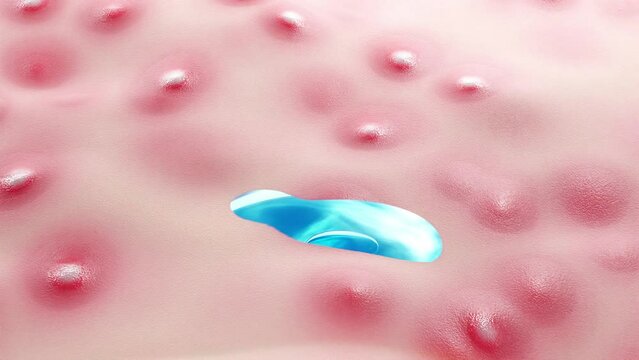 Close up shot of blue essence dripping then absorbing quickly into skin with acne spots, the acne gradually fades and disappears and the skin becomes smooth. 3D stock for commercial video of cosmetic
