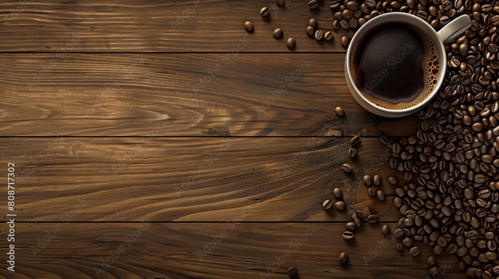 Poster Coffee cup and beans on wood background selective focus.Top view with copyspace for your text