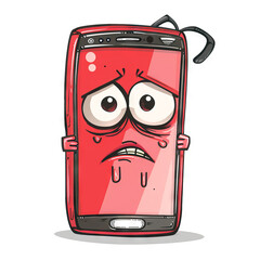 Cartoon moblie or cell phone. Upset or sad face of smartphone isolated on white background