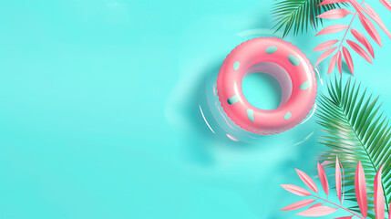 Pink inflatable ring on the blue sea water with palm tree and with space for copy