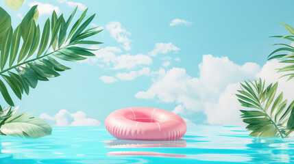 Pink inflatable ring on the blue sea water with palm tree and sky with space for copy