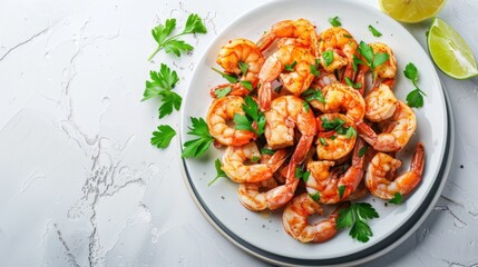 Fototapeta premium cooking shrimp food on white plate background dining table food, Fresh shrimps prawns seafood lemon lime with herbs and spice, top view