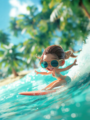 3d happy woman character in sunglasses surfing on board on the ocean or sea waves in summer vacation