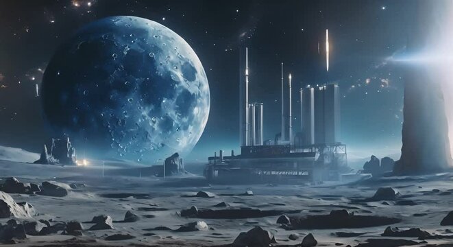 Oxygen factory on moon with Earth in the background futuristic concept. Concept Space Exploration, Lunar Colonization, Environmental Sustainability, Futuristic Technology, Earth Observation