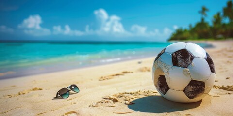 Beach landscape with soccer ball and sunglasses on the sand. Sporty summer concept.