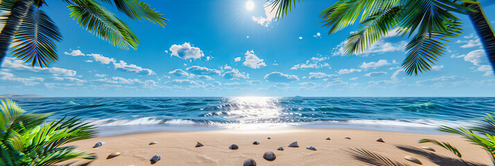 Idyllic Beach with Crystal-Clear Water, Palm Trees and White Sand Under a Bright Sun, Perfect Summer Getaway