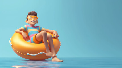 3d male tourist in sunglasses enjoying summer vacation while sitting on inflatable swimming circle on isolated blue background with water