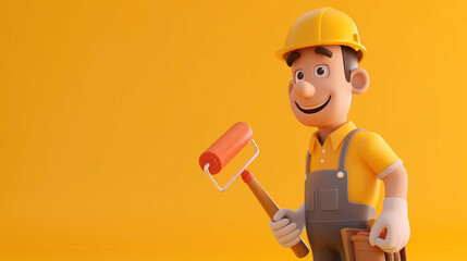 3d male construction worker character in suit and helmet holding a paint roller on isolated yellow background with space for copy