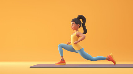 3d woman character doing fitness stretching sport exercises on mat on isolated orange background with space for copy