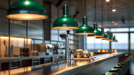 Over a sleek bar, emerald green pendants line up to offer stylish lighting.