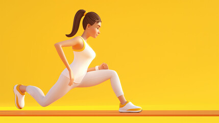 3d woman character doing fitness stretching sport exercises on mat on isolated orange background with space for copy