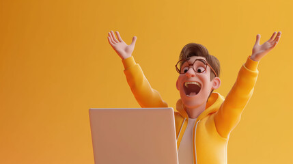 Happy man with raised hands sitting in front of laptop with eyeglasses on isolated color background with space for copy