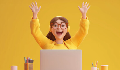 Happy woman with raised hands sitting in front of laptop with headphones and eyeglasses on isolated yellow background with space for copy