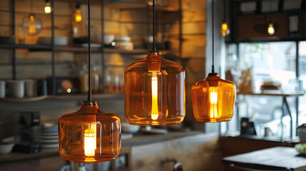 Fototapeta na wymiar Orange glass pendant lights casting a warm glow in a breakfast nook.