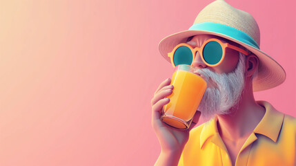 3d old bearded tourist man character in sunglasses and hat drinking juice on isolated pink background with space for copy
