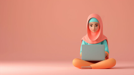 3d Muslim woman character in hijab working on laptop. Muslim business woman or student concept on isolated color background with space for copy