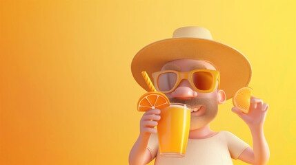 3d tourist man character in sunglasses and hat drinking juice on isolated yellow background with space for copy