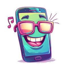 Cartoon moblie or cell phone listening to music. Smiling smartphone wearing sunglasses, isolated on white background