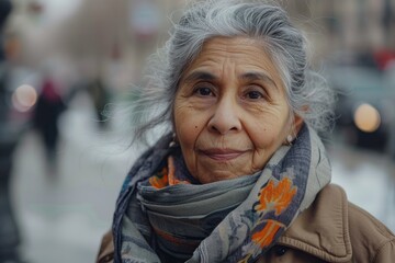 Mature Woman Wearing Grey Hair and Scarf