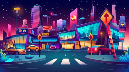 Cars parked at night on cityscape background. Modern cartoon illustration of modern vehicles near shopping mall buildings, traffic signs with arrows, and silhouettes of cityscapes under a starry sky.
