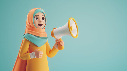 3d Muslim woman character in hijab holding loudspeaker on isolated blue background with space for copy