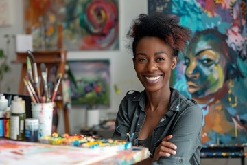 Fototapeta premium Woman Sitting in Front of a Painting on an Easel