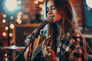 young beautiful teenager playing the guitar and singing - Powered by Adobe