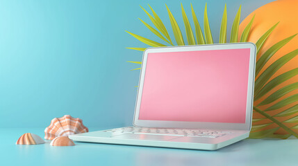 Closeup laptop mockup with blanks screen on the tropical summer background