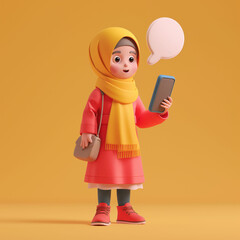 3d Muslim school girl character in hijab chatting on a mobile phone and speech bubble next to her head on isolated orange background with space for copy